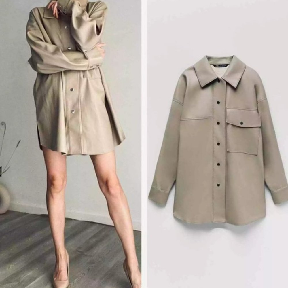 NWT Blogger Favorite ZARA Faux Leather Overshirt Shirt Jacket Lined Shacket Coat - Picture 10 of 12